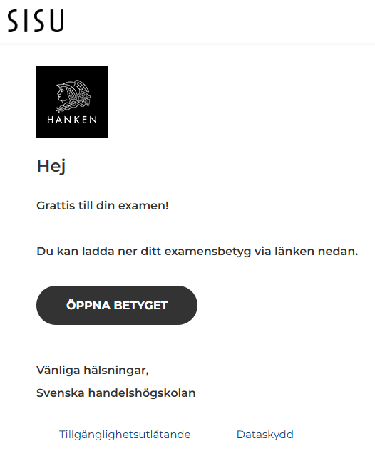 Exempelbild på hur webbsidan för nedladdning av det elektroniska examensbetyget ser ut. På bilden syns en webbsida med en svart knapp där det står "öppna betyget". Genom att trycka på knappen kan du ladda ner ditt elektroniska examensbetyg.