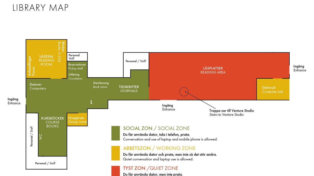 Bibliotekets ljudzoner beskrivs med färgerna grönt, gult och rött