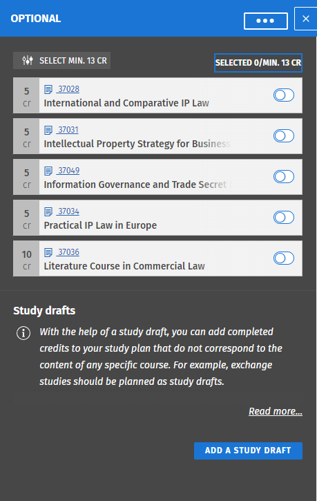 IPL module study plan panel for optional courses