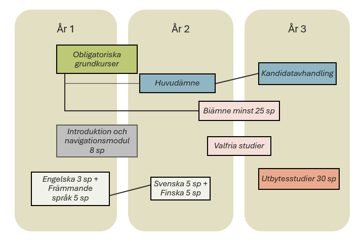 Visualisering av kandidatexamensstrukturen som visualiseras hur studierna fördelas över tre år