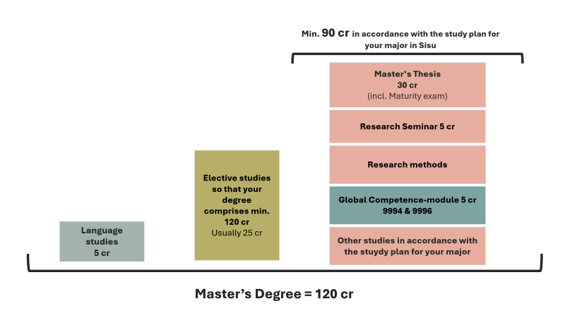The 120 credit master's degree consists of 90 credits in your major subject, 5 credits of language studies and 25 credits of elective studies