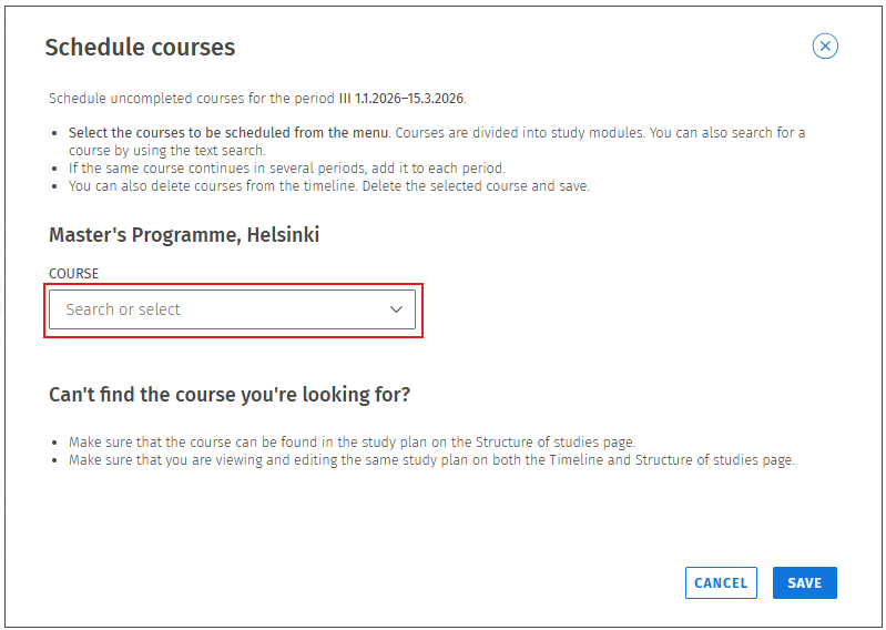 Choosing courses on the timeline