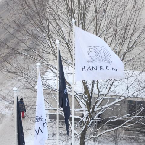 Hankenglaggor vajar i vinden utanför Hanken i Helsingfors en vinterdag