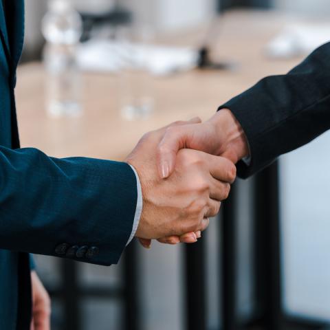 Two people in suits shaking hands.